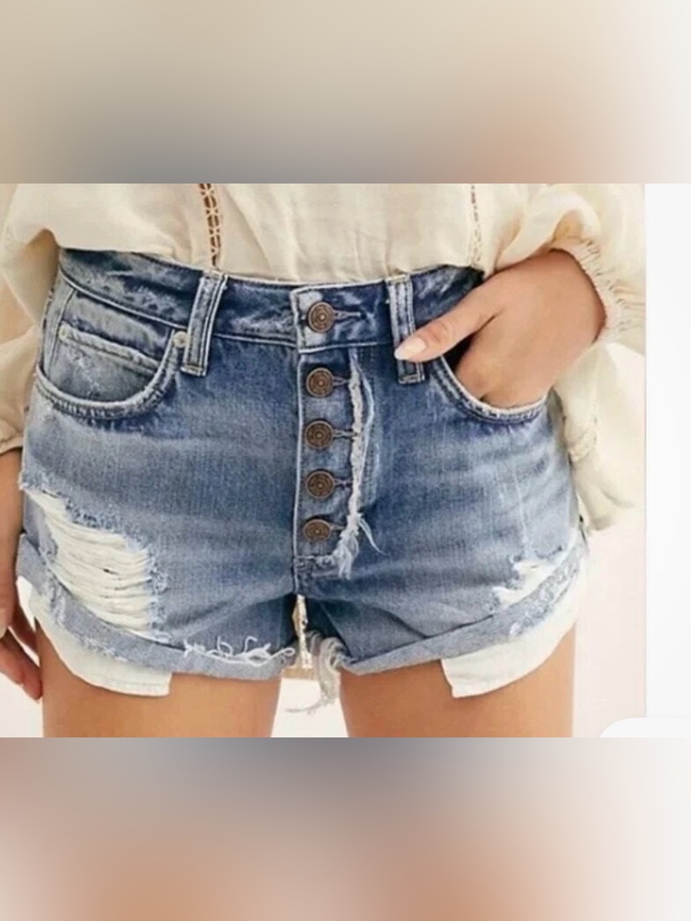 We The Free | Free People Size 26 Button Fly Rolled Cuff Blue Denim Shorts Beach